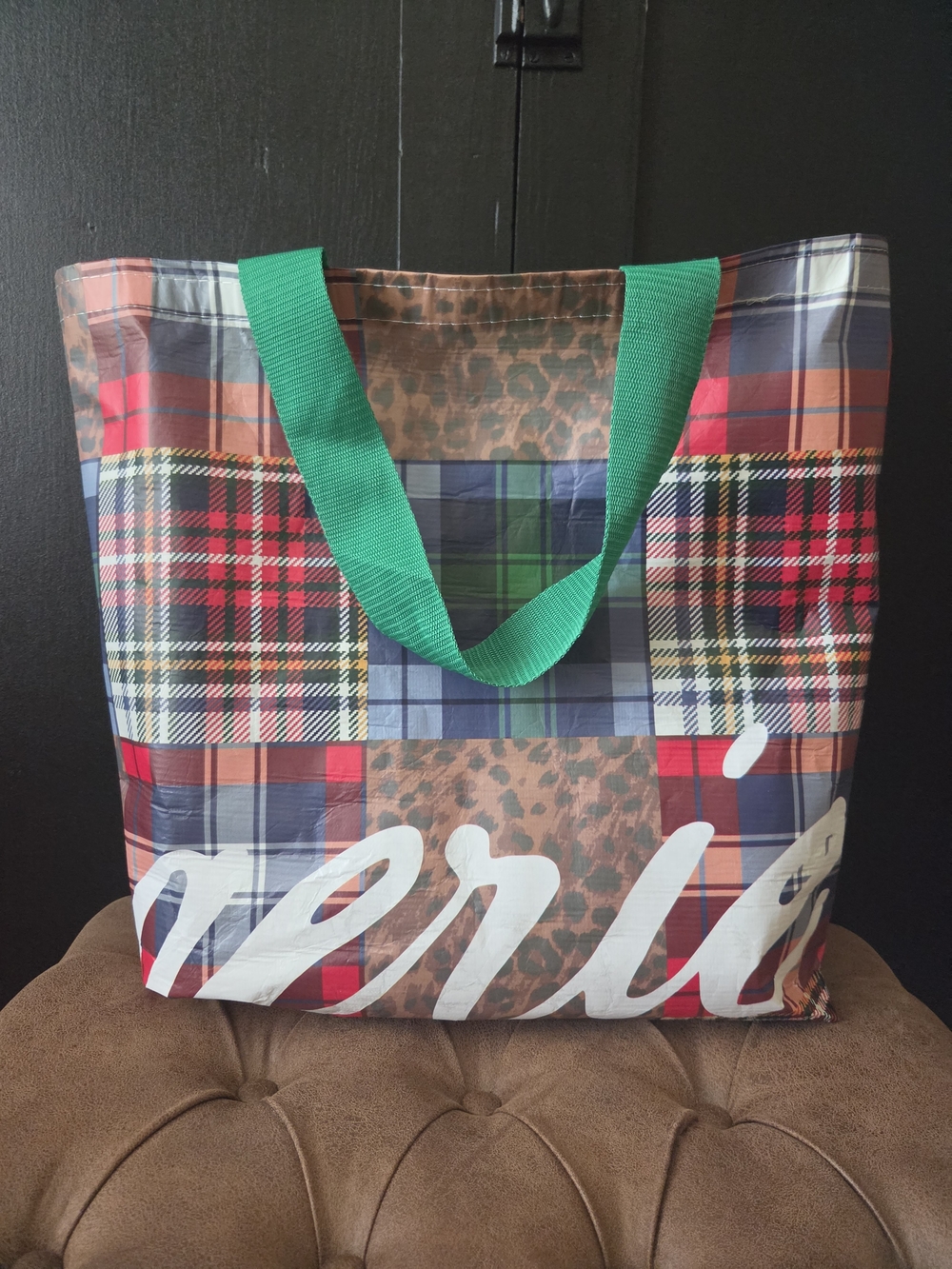 Aerie Patchwork Plaid Reusable Tote with Green Handles ~ Large